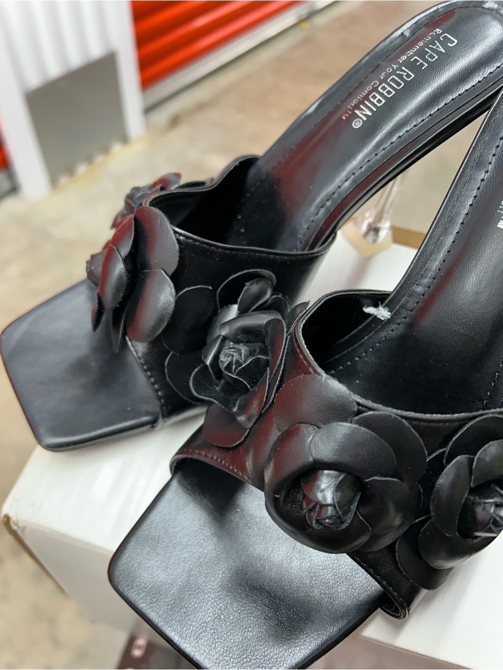 Cape Robbin Black Floral Slide Heels with Clear Stiletto size 11 NEW